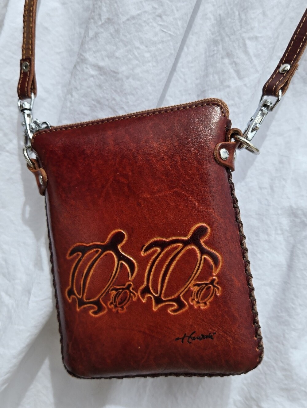 Hawaii Brown Leather Crossbody Bag with Turtle Embossing